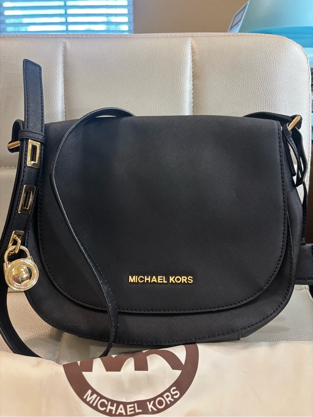 Michael Kors Black Leather Crossbody Saddle Bag with Gold Hardware